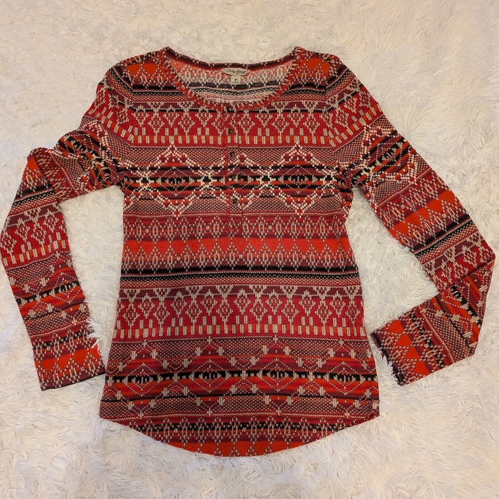 Lucky Brand Red and Black Geometric Long Sleeve Top Medium